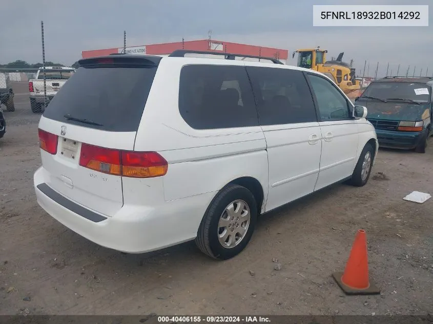 2002 Honda Odyssey Exl VIN: 5FNRL18932B014292 Lot: 40406155