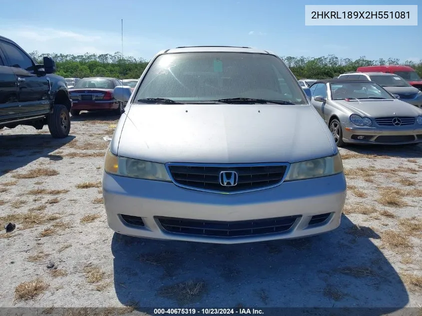 2002 Honda Odyssey Ex-L VIN: 2HKRL189X2H551081 Lot: 40675319