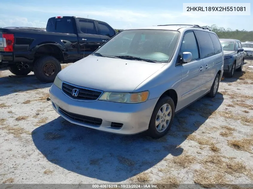 2002 Honda Odyssey Ex-L VIN: 2HKRL189X2H551081 Lot: 40675319