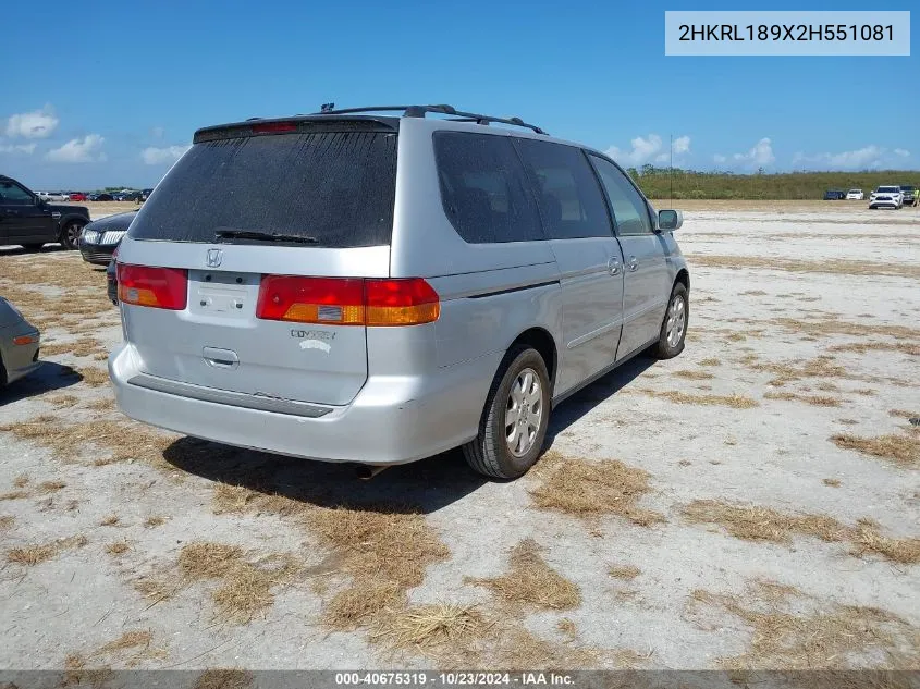 2002 Honda Odyssey Ex-L VIN: 2HKRL189X2H551081 Lot: 40675319