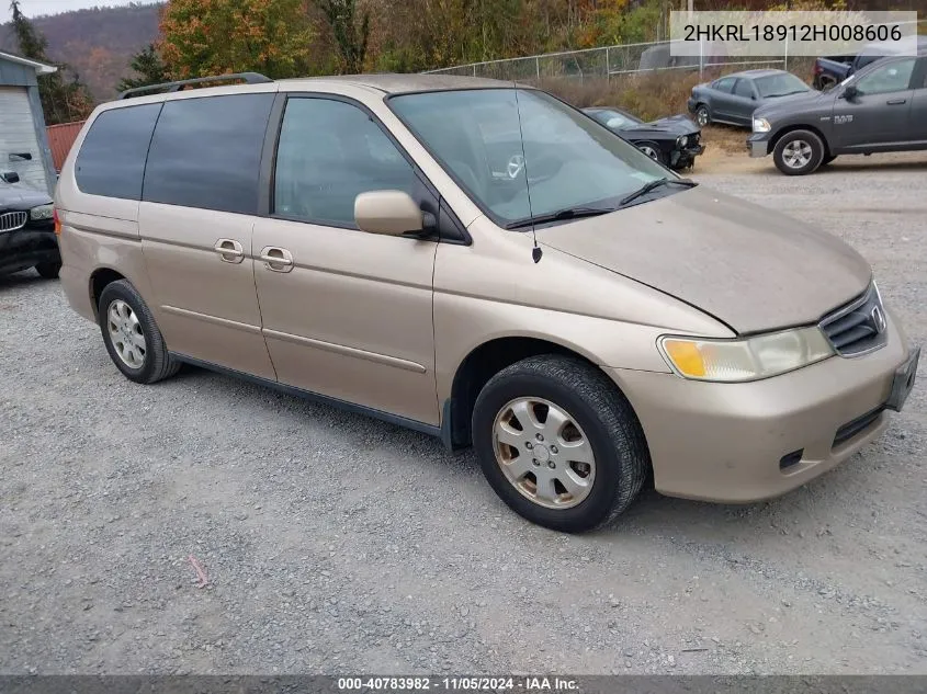 2002 Honda Odyssey Ex-L VIN: 2HKRL18912H008606 Lot: 40783982