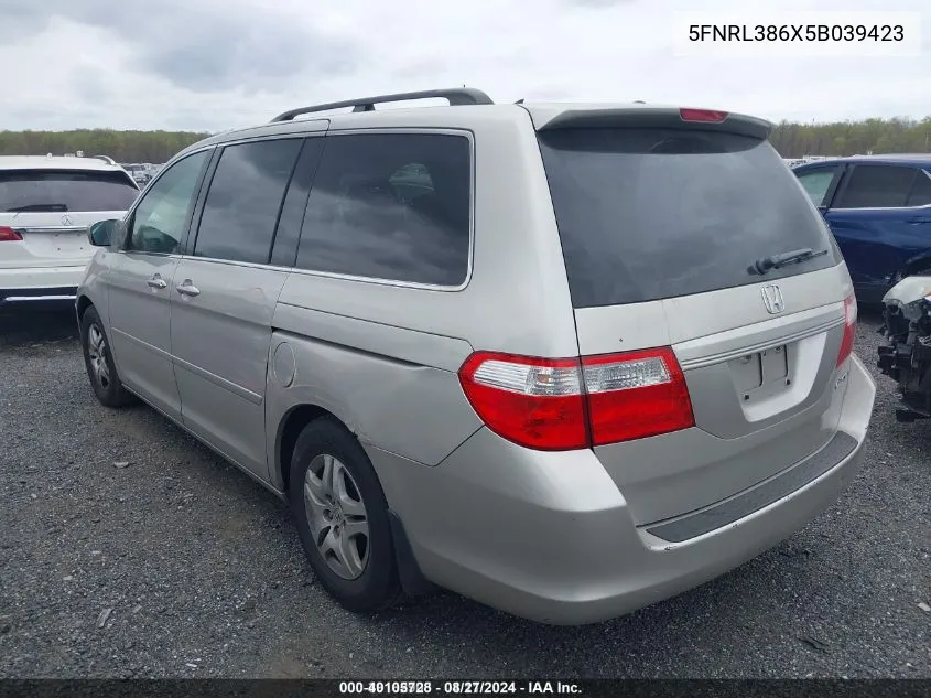 2005 Honda Odyssey Ex-L VIN: 5FNRL386X5B039423 Lot: 40105728