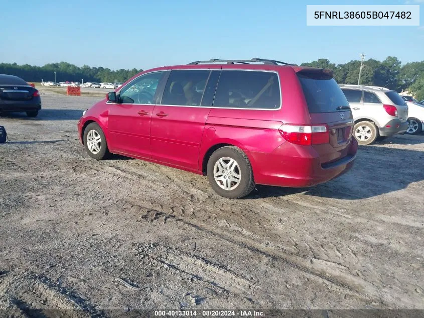 2005 Honda Odyssey Ex-L VIN: 5FNRL38605B047482 Lot: 40133014