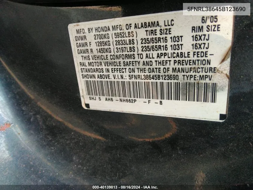 5FNRL38645B123690 2005 Honda Odyssey Ex-L