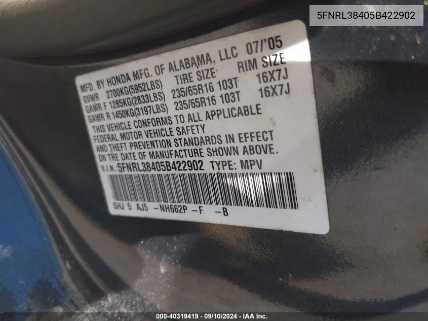 5FNRL38405B422902 2005 Honda Odyssey Ex