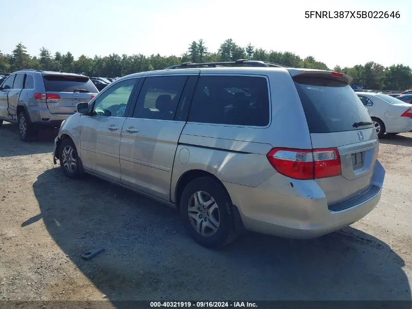 2005 Honda Odyssey Ex-L VIN: 5FNRL387X5B022646 Lot: 40321919