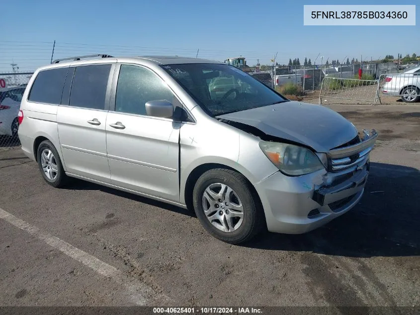 2005 Honda Odyssey Ex-L VIN: 5FNRL38785B034360 Lot: 40625401