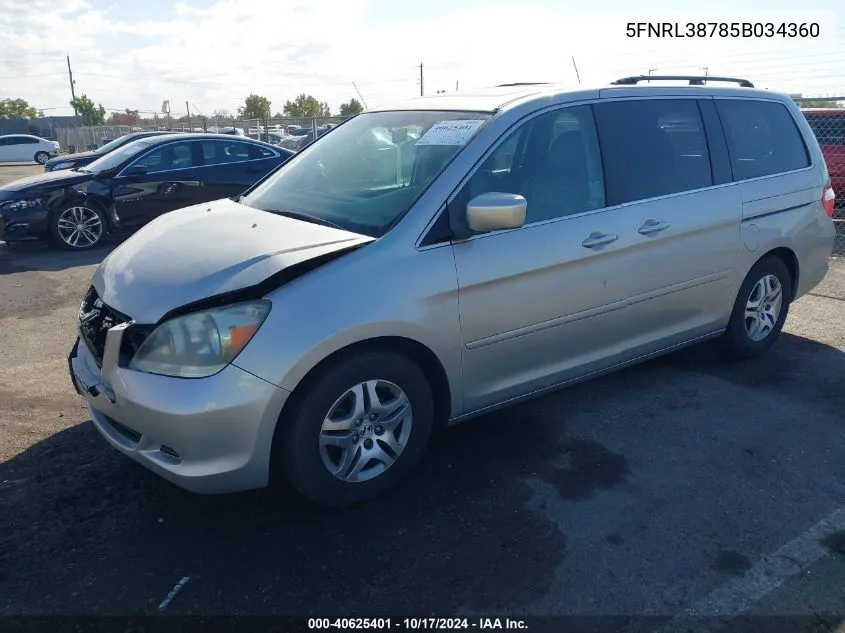 2005 Honda Odyssey Ex-L VIN: 5FNRL38785B034360 Lot: 40625401