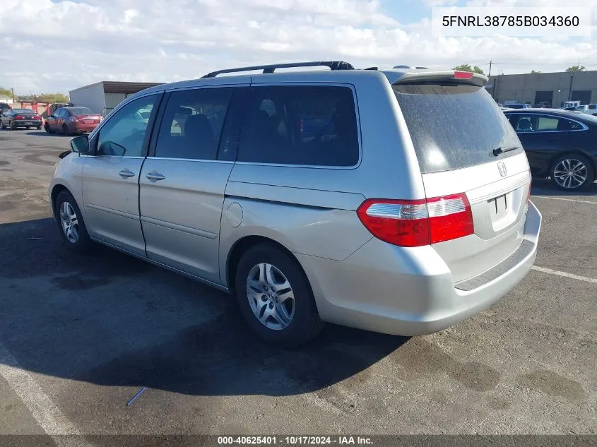 2005 Honda Odyssey Ex-L VIN: 5FNRL38785B034360 Lot: 40625401