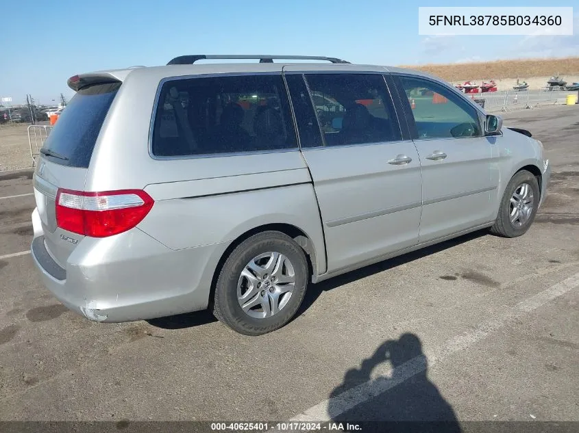 2005 Honda Odyssey Ex-L VIN: 5FNRL38785B034360 Lot: 40625401