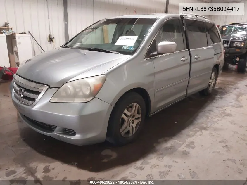 2005 Honda Odyssey Ex-L VIN: 5FNRL38735B094417 Lot: 40629022