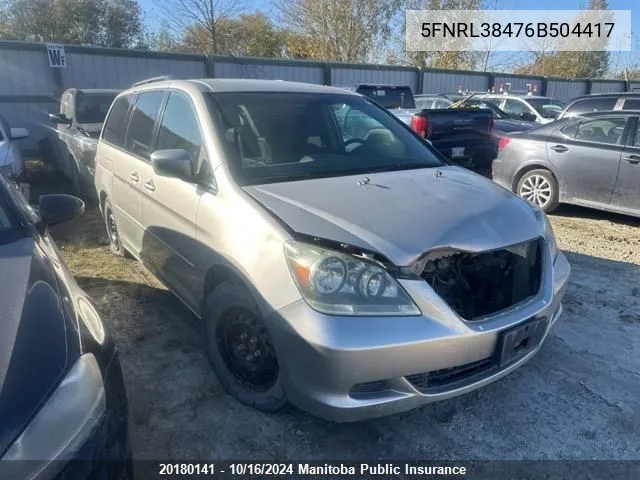 2006 Honda Odyssey Ex VIN: 5FNRL38476B504417 Lot: 20180141