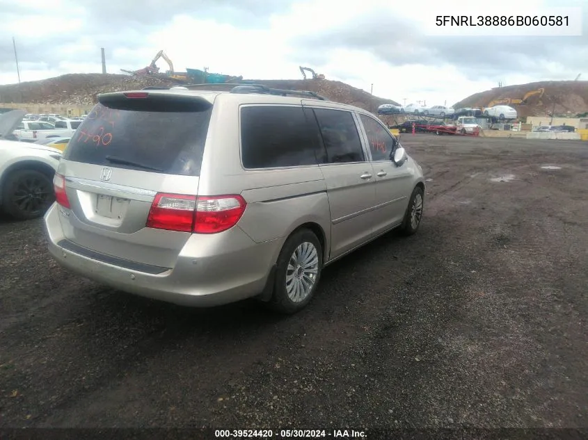 2006 Honda Odyssey Touring VIN: 5FNRL38886B060581 Lot: 39524420