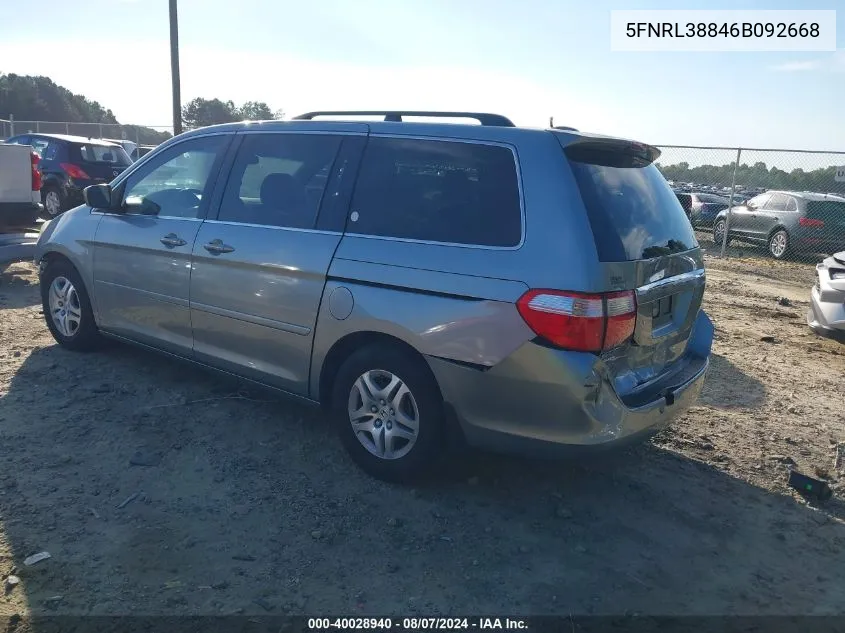 2006 Honda Odyssey Touring VIN: 5FNRL38846B092668 Lot: 40028940