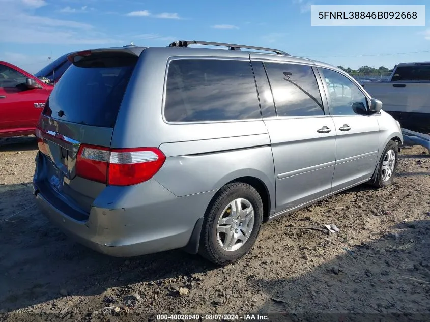 2006 Honda Odyssey Touring VIN: 5FNRL38846B092668 Lot: 40028940