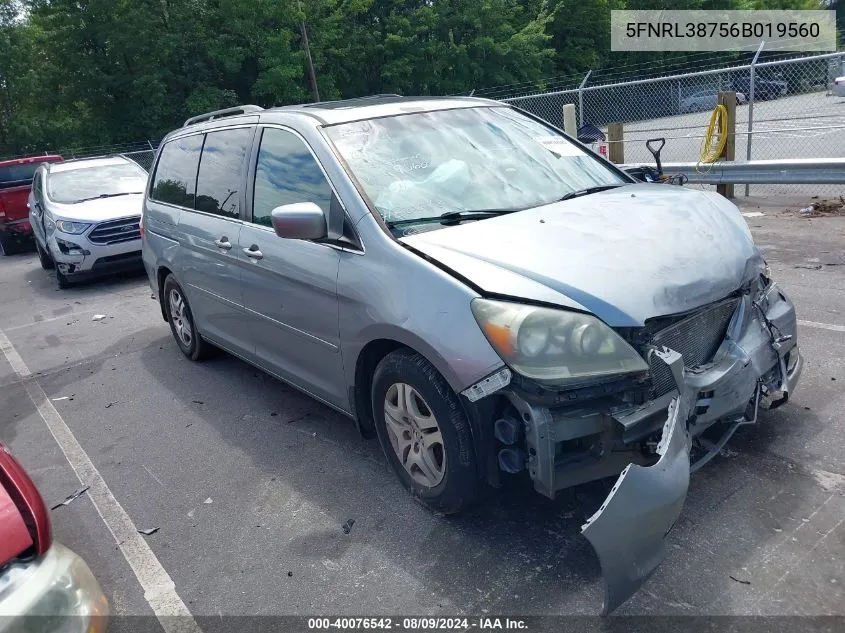 2006 Honda Odyssey Ex-L VIN: 5FNRL38756B019560 Lot: 40076542