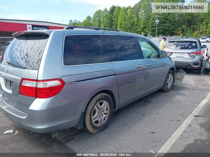 2006 Honda Odyssey Ex-L VIN: 5FNRL38756B019560 Lot: 40076542