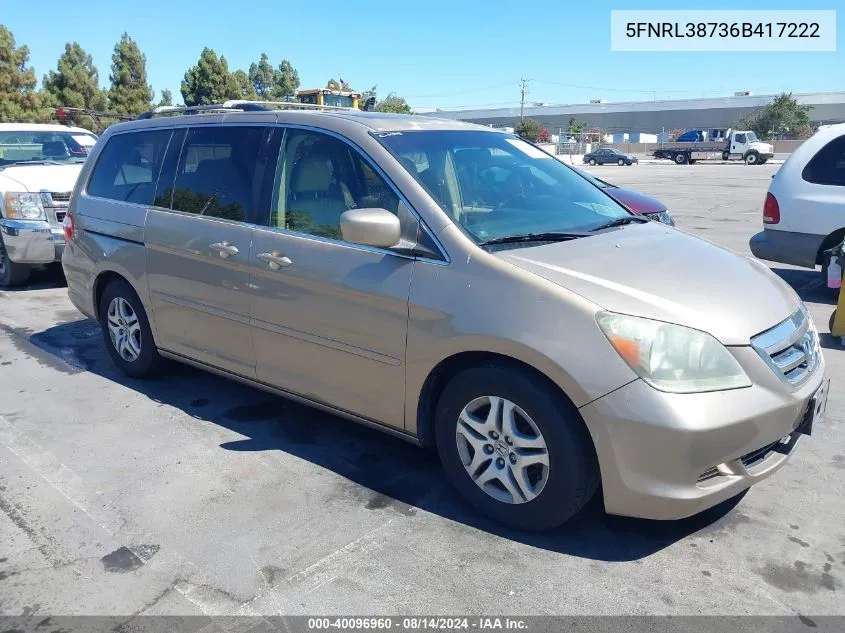 2006 Honda Odyssey Ex-L VIN: 5FNRL38736B417222 Lot: 40096960