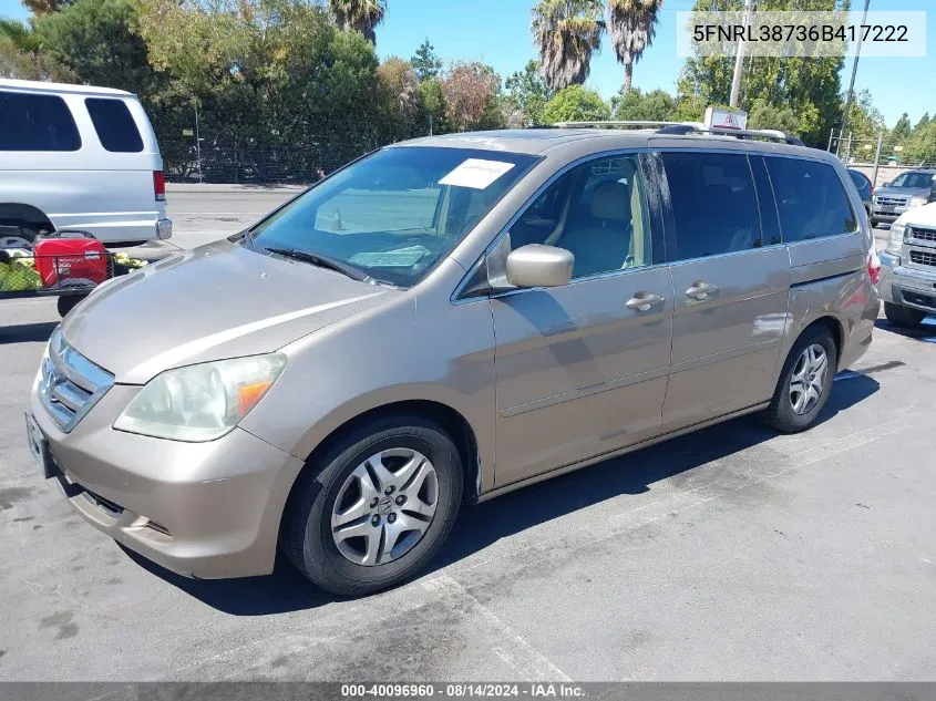 2006 Honda Odyssey Ex-L VIN: 5FNRL38736B417222 Lot: 40096960