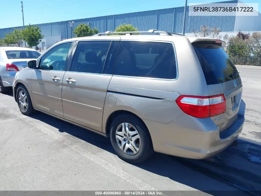 2006 Honda Odyssey Ex-L VIN: 5FNRL38736B417222 Lot: 40096960