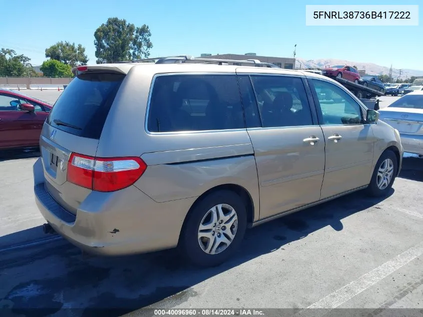 2006 Honda Odyssey Ex-L VIN: 5FNRL38736B417222 Lot: 40096960