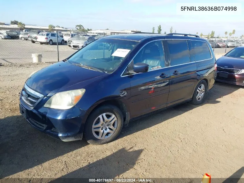 2006 Honda Odyssey Ex-L VIN: 5FNRL38636B074998 Lot: 40176697