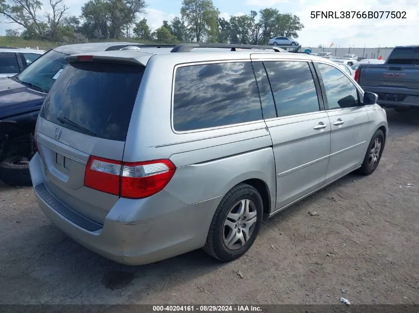 2006 Honda Odyssey Ex-L VIN: 5FNRL38766B077502 Lot: 40204161