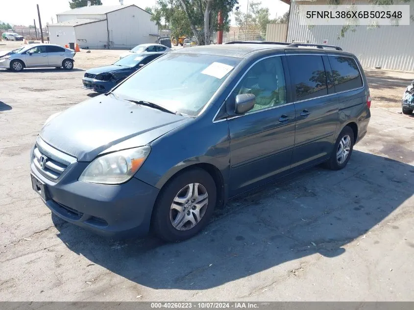 2006 Honda Odyssey Ex-L VIN: 5FNRL386X6B502548 Lot: 40260223