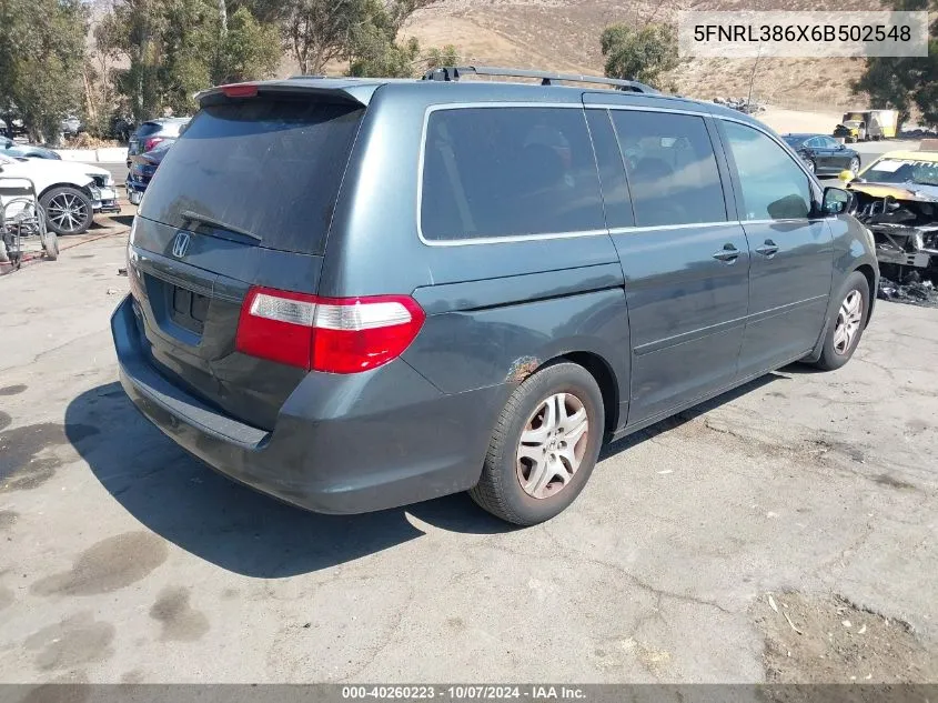 2006 Honda Odyssey Ex-L VIN: 5FNRL386X6B502548 Lot: 40260223