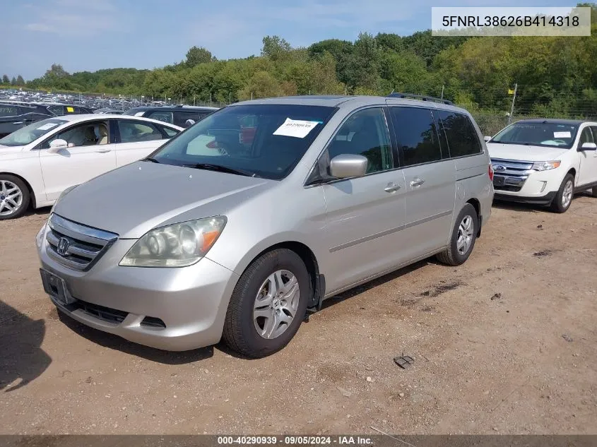 2006 Honda Odyssey Ex-L VIN: 5FNRL38626B414318 Lot: 40290939