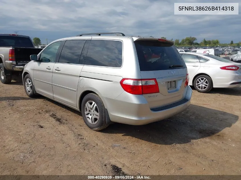 2006 Honda Odyssey Ex-L VIN: 5FNRL38626B414318 Lot: 40290939