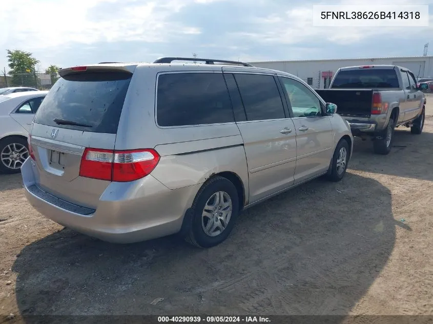 2006 Honda Odyssey Ex-L VIN: 5FNRL38626B414318 Lot: 40290939