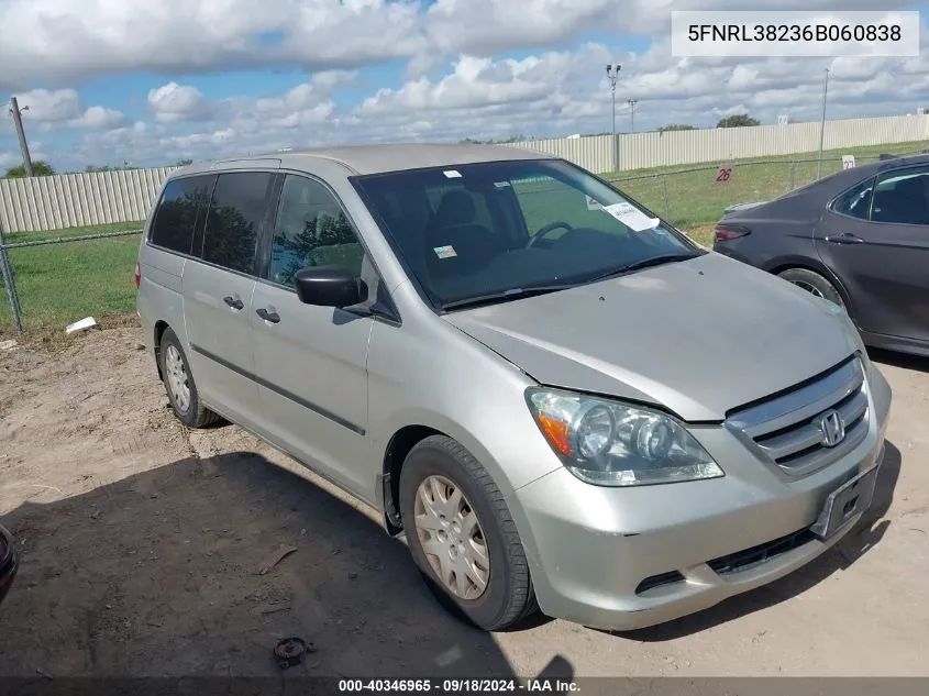 2006 Honda Odyssey Lx VIN: 5FNRL38236B060838 Lot: 40346965