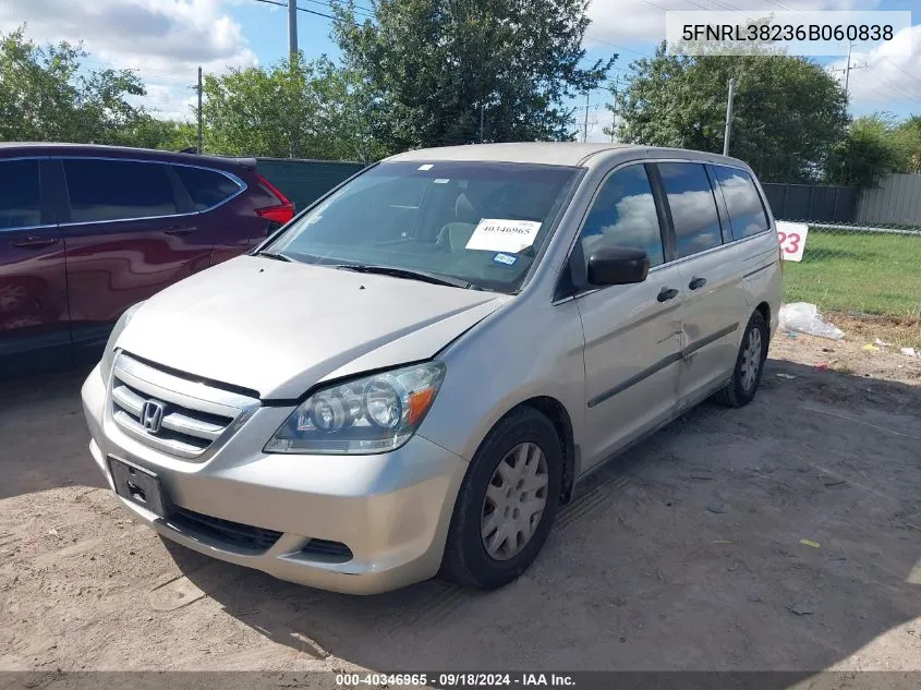 2006 Honda Odyssey Lx VIN: 5FNRL38236B060838 Lot: 40346965