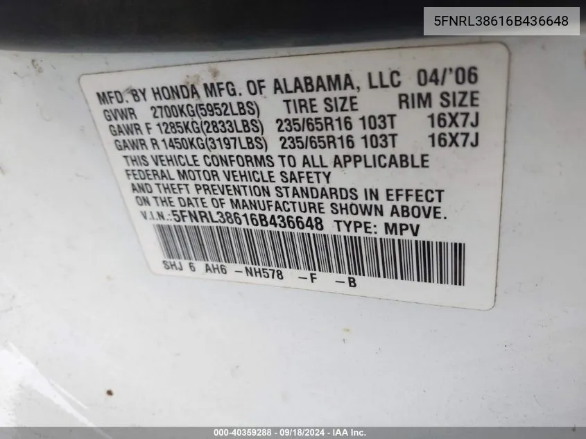 5FNRL38616B436648 2006 Honda Odyssey Ex-L