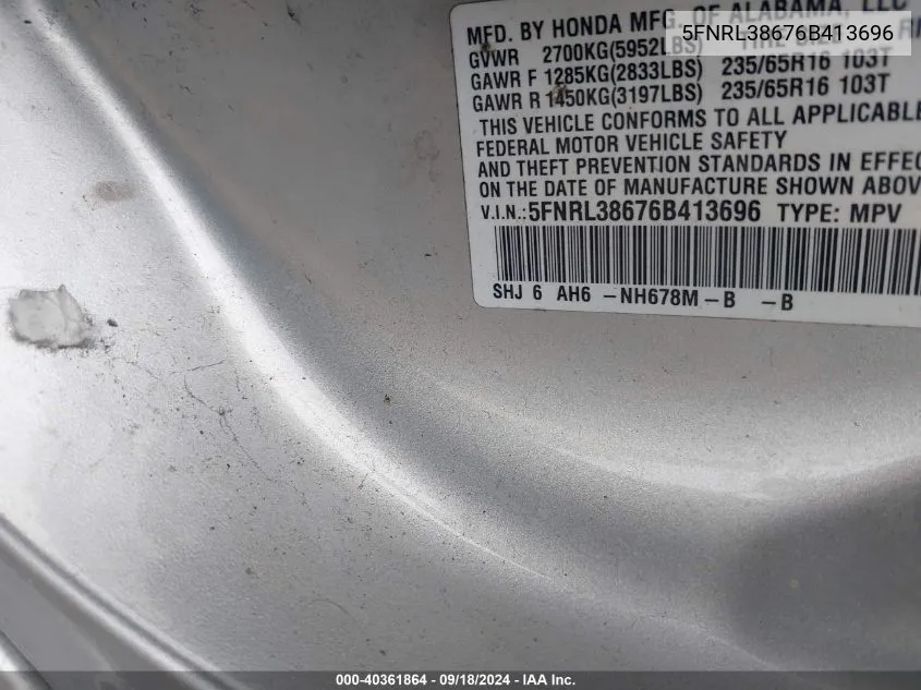 5FNRL38676B413696 2006 Honda Odyssey Exl