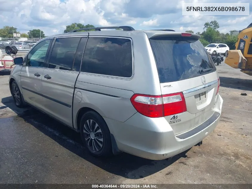 2006 Honda Odyssey Lx VIN: 5FNRL382X6B098678 Lot: 40364644