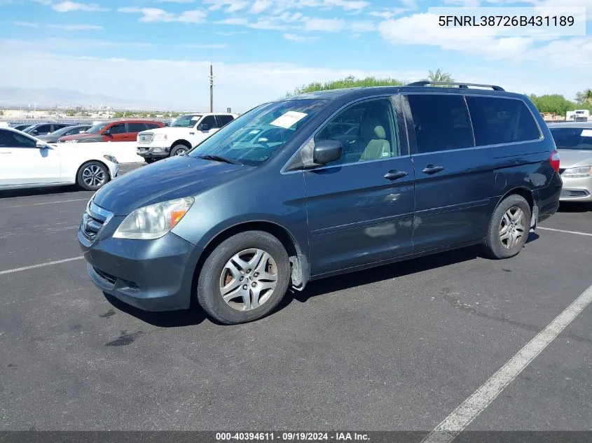 2006 Honda Odyssey Ex-L VIN: 5FNRL38726B431189 Lot: 40394611