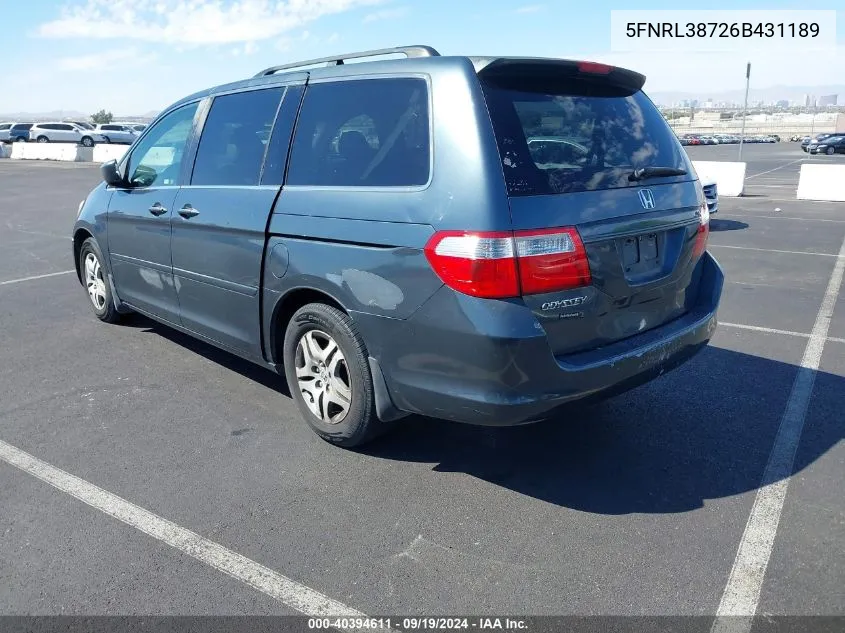 2006 Honda Odyssey Ex-L VIN: 5FNRL38726B431189 Lot: 40394611