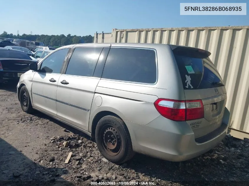 2006 Honda Odyssey Lx VIN: 5FNRL38286B068935 Lot: 40532663