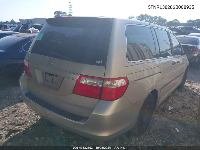 2006 Honda Odyssey Lx VIN: 5FNRL38286B068935 Lot: 40532663