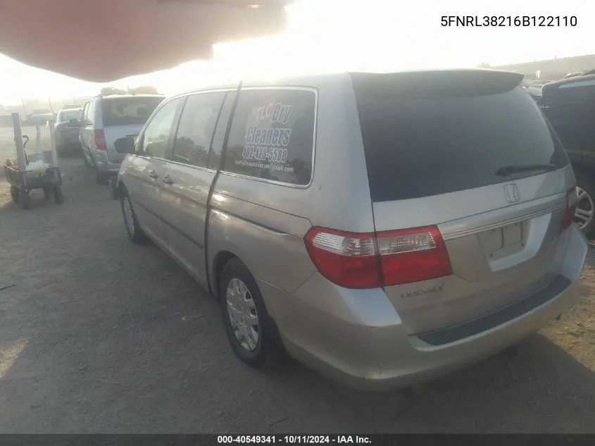 2006 Honda Odyssey Lx VIN: 5FNRL38216B122110 Lot: 40549341