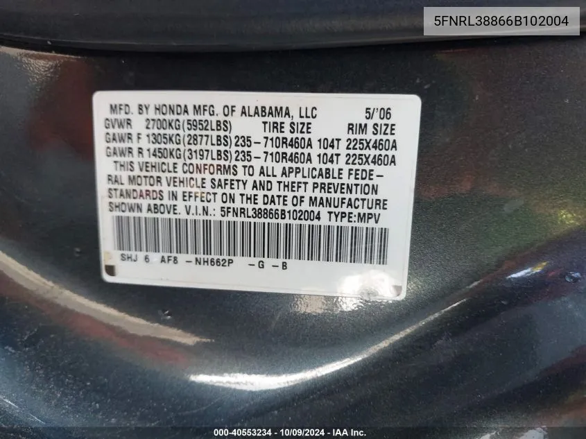 5FNRL38866B102004 2006 Honda Odyssey Touring