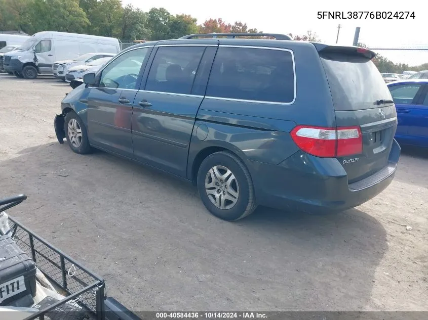 2006 Honda Odyssey Exl VIN: 5FNRL38776B024274 Lot: 40584436