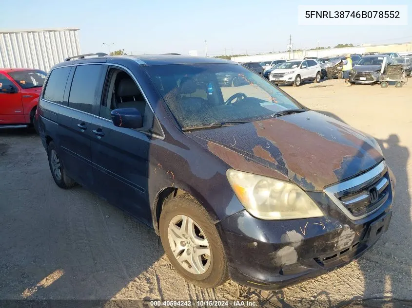 2006 Honda Odyssey Ex-L VIN: 5FNRL38746B078552 Lot: 40594242