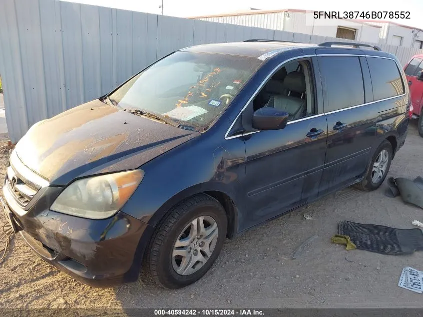 2006 Honda Odyssey Ex-L VIN: 5FNRL38746B078552 Lot: 40594242