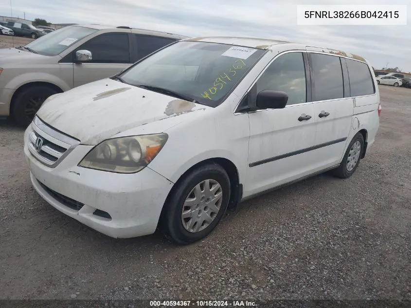 2006 Honda Odyssey Lx VIN: 5FNRL38266B042415 Lot: 40594367