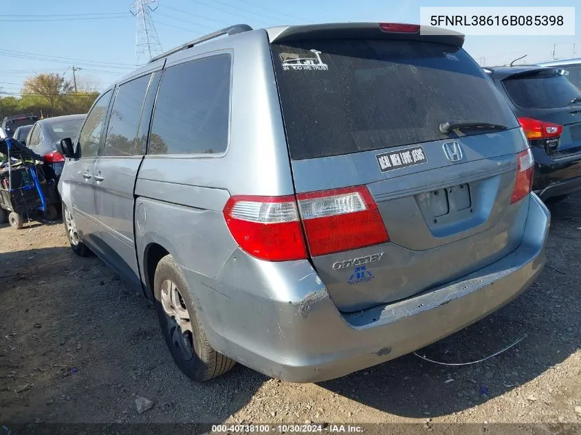 2006 Honda Odyssey Ex-L VIN: 5FNRL38616B085398 Lot: 40738100