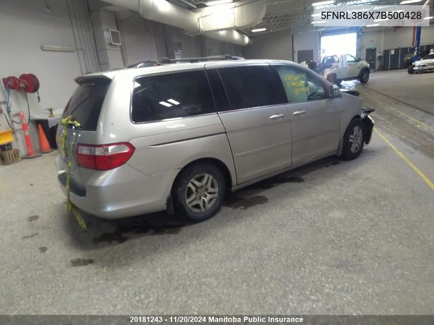 2007 Honda Odyssey Ex-L VIN: 5FNRL386X7B500428 Lot: 20181243