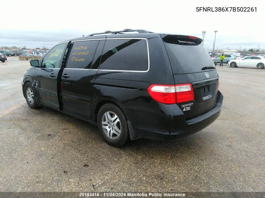 2007 Honda Odyssey Ex-L VIN: 5FNRL386X7B502261 Lot: 20183418